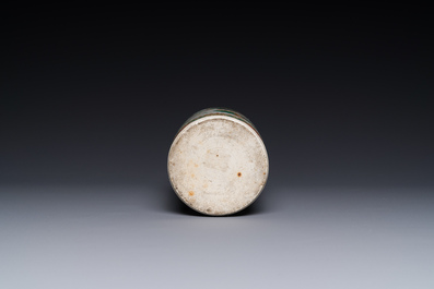 A Chinese famille verte 'mandarin duck and lotus' rouleau vase , 19th C.