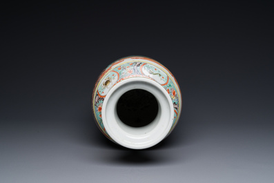 A Chinese famille verte rouleau vase with narrative design, 19th C.