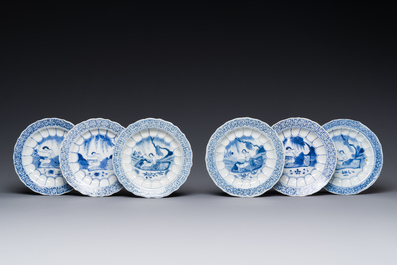 Six Chinese blue and white 'acupuncture' saucers, Kangxi