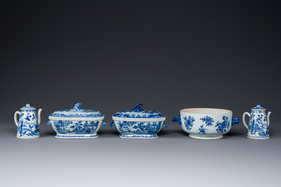 A pair of Chinese blue and white miniature chocolate jugs and three tureens, Qianlong