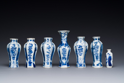Seven Chinese blue and white 'Long Eliza' miniature vases, Kangxi