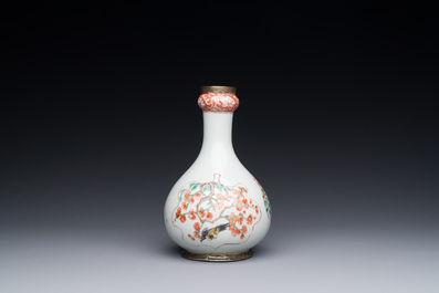 A Chinese famille verte 'qilin' vase with silver mounts, Kangxi