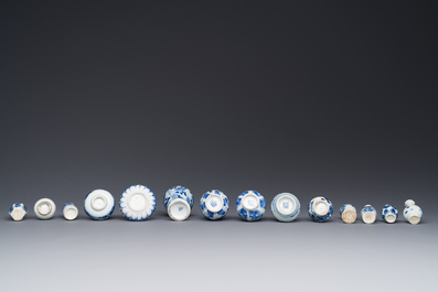 Fourteen Chinese blue and white miniature vases with floral design, Kangxi