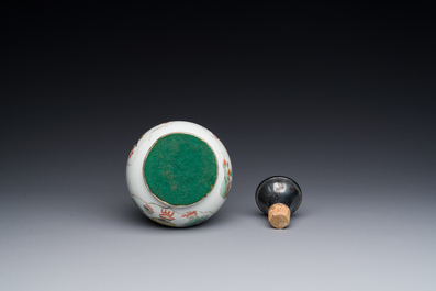 A Chinese famille verte 'qilin' vase with silver mounts, Kangxi