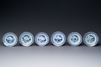 Six Chinese blue and white 'acupuncture' saucers, Kangxi