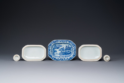 A pair of Chinese blue and white miniature chocolate jugs and three tureens, Qianlong