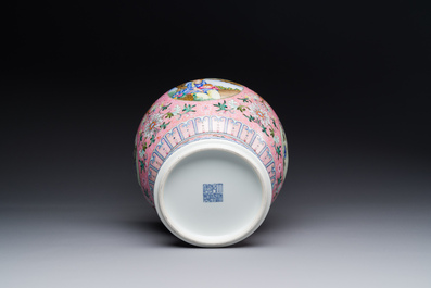 A Chinese famille rose pink-ground 'European scene' vase , 20th C.