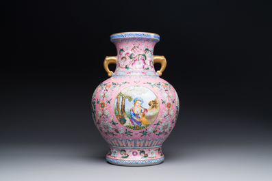 A Chinese famille rose pink-ground 'European scene' vase , 20th C.
