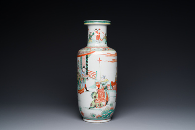A Chinese famille verte rouleau vase with narrative design, 19th C.