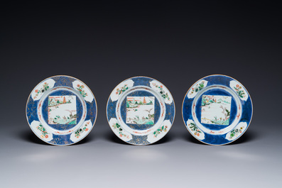 Six Chinese famille verte 'Xie Qin Fang You 攜琴訪友' plates, Kangxi
