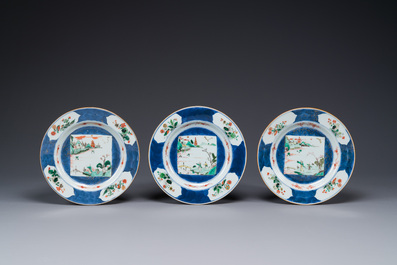 Six Chinese famille verte 'Xie Qin Fang You 攜琴訪友' plates, Kangxi