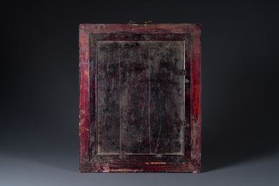 A Chinese famille rose 'eight immortals' plaque in a wooden frame, 18/19th C.