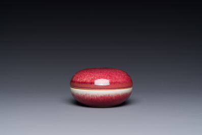 A Chinese monochrome copper-red-glazed box and cover, Kangxi mark, 20th C.
