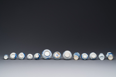 Dertien Chinese blauw-witte miniatuur vazen met floraal decor, Kangxi