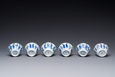 Six Chinese blue and white 'Long Eliza' cups and saucers, various marks, Kangxi