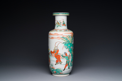 A Chinese famille verte rouleau vase with narrative design, 19th C.