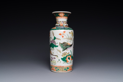 A Chinese famille verte 'mandarin duck and lotus' rouleau vase , 19th C.