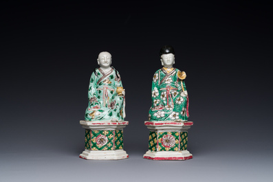 Two Chinese verte biscuit figures on stands, Kangxi