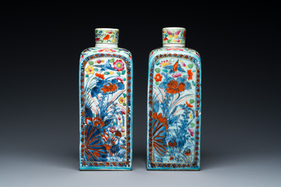 A pair of Chinese blue and white square flasks with European overdecoration, Kangxi
