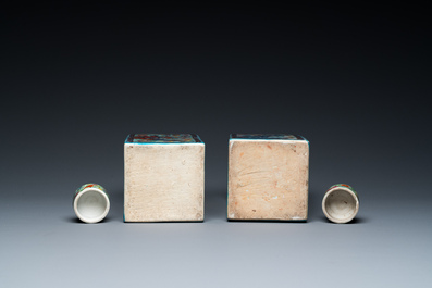 A pair of Chinese blue and white square flasks with European overdecoration, Kangxi