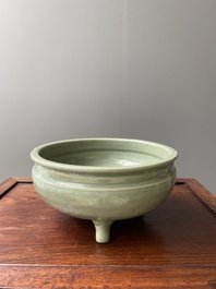 Two Chinese Longquan celadon tripod censers, Ming