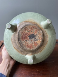 Two Chinese Longquan celadon tripod censers, Ming