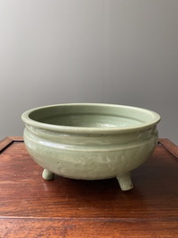 Two Chinese Longquan celadon tripod censers, Ming