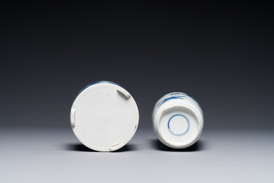 A Chinese blue and white rouleau vase and a tripod censer, Kangxi