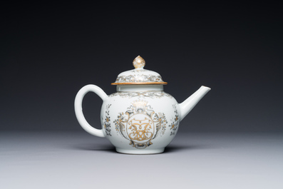 A Chinese monogrammed grisaille and gilt export porcelain teapot, Qianlong