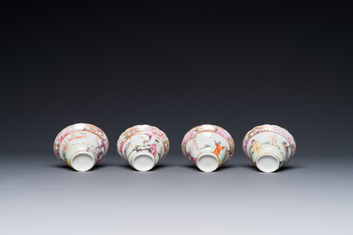 Six Chinese Canton famille rose 'mandarin subject' cups and saucers with four covers, Qianlong