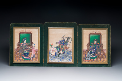 Three Chinese Canton rice paper paintings in a triptych frame, 19th C.