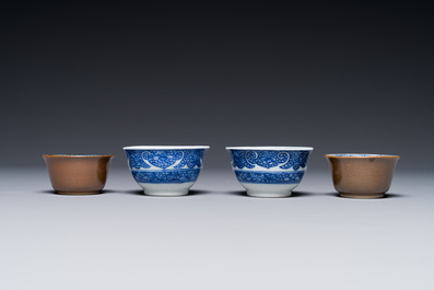 12 Chinese blue and white cups and 13 saucers, including capucin-brown glazed, Kangxi/Qianlong