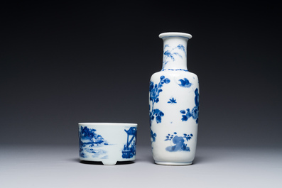 A Chinese blue and white rouleau vase and a tripod censer, Kangxi