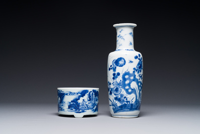 A Chinese blue and white rouleau vase and a tripod censer, Kangxi