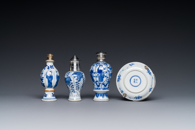 Four Chinese blue and white silver mounted porcelain, Kangxi