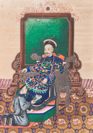 Three Chinese Canton rice paper paintings in a triptych frame, 19th C.