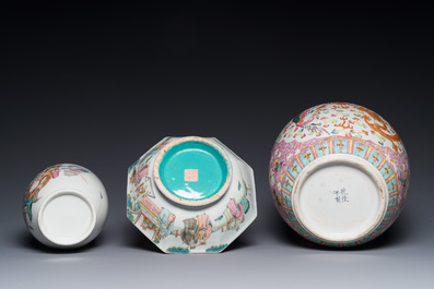A Chinese famille rose vase, a bowl and a jar, Qianlong mark, 19th C.