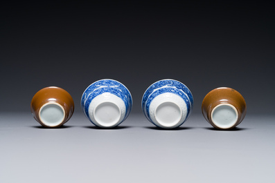 12 Chinese blue and white cups and 13 saucers, including capucin-brown glazed, Kangxi/Qianlong