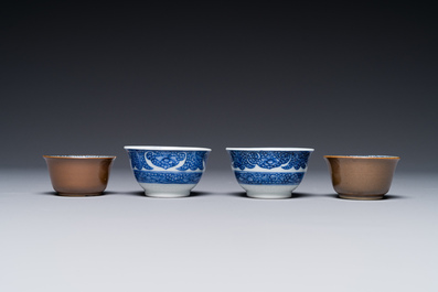 12 Chinese blue and white cups and 13 saucers, including capucin-brown glazed, Kangxi/Qianlong