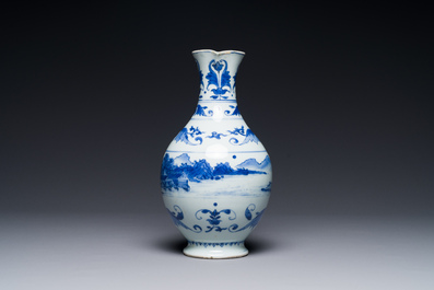 A Chinese blue and white ewer with landscape design, Transitional period