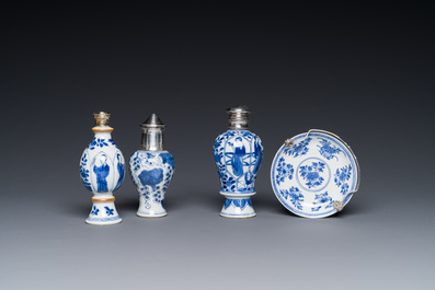 Four Chinese blue and white silver mounted porcelain, Kangxi