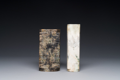 Twee Chinese jade rituele 'cong' vazen, 2/4e eeuw v.C.