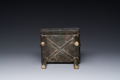 A Chinese Western Zhou-style rectangular bronze 'fangding' censer, Ming