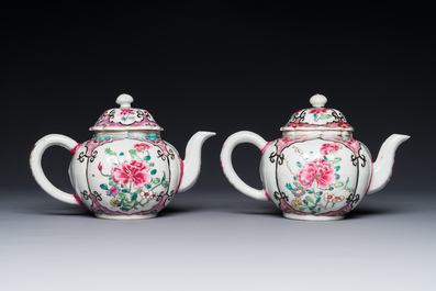 A pair of Chinese famille rose teapots with floral design, Qianlong