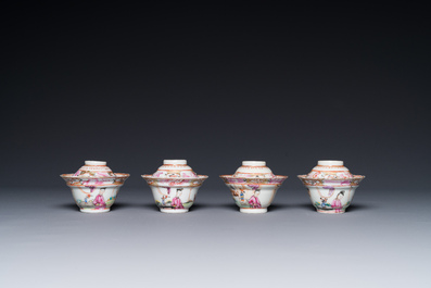 Six Chinese Canton famille rose 'mandarin subject' cups and saucers with four covers, Qianlong