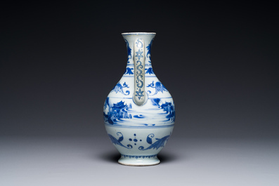A Chinese blue and white ewer with landscape design, Transitional period