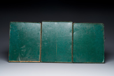 Three Chinese Canton rice paper paintings in a triptych frame, 19th C.
