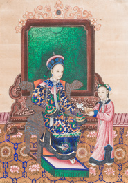 Three Chinese Canton rice paper paintings in a triptych frame, 19th C.