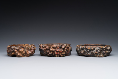 Three Chinese burl wood brush washers, 19th C.