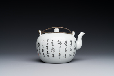 A Chinese qianjiang cai 'antiquities' teapot, Xu Pinheng 許品衡 signed, Tongzhi mark, dated 1889